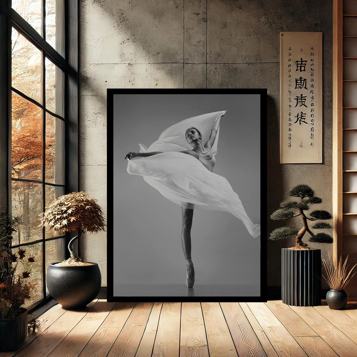 Black White Ballerina Flowing Fabric Elegant Ballet Dancer Poster