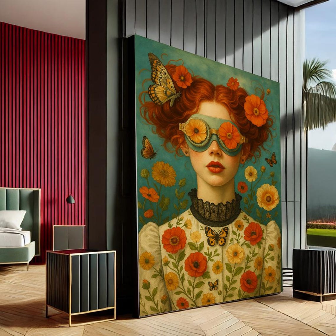 Whimsical Redhead Woman Floral Goggles Butterfly Garden Wall Art