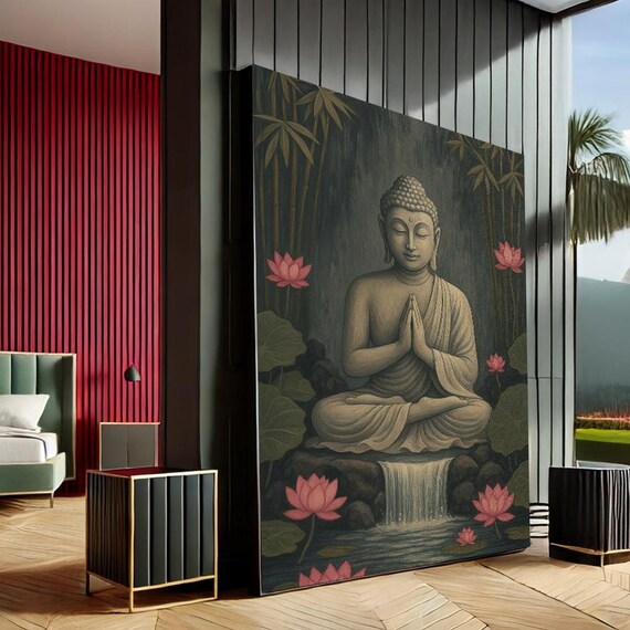 Peaceful Buddha Zen Canvas Wall Art Print Tranquil Green Pink Living Room Decor Statement Piece