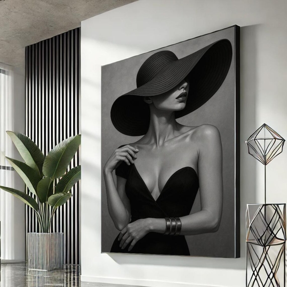 Elegant Woman in Wide Brim Hat Black and White Fashion Poster