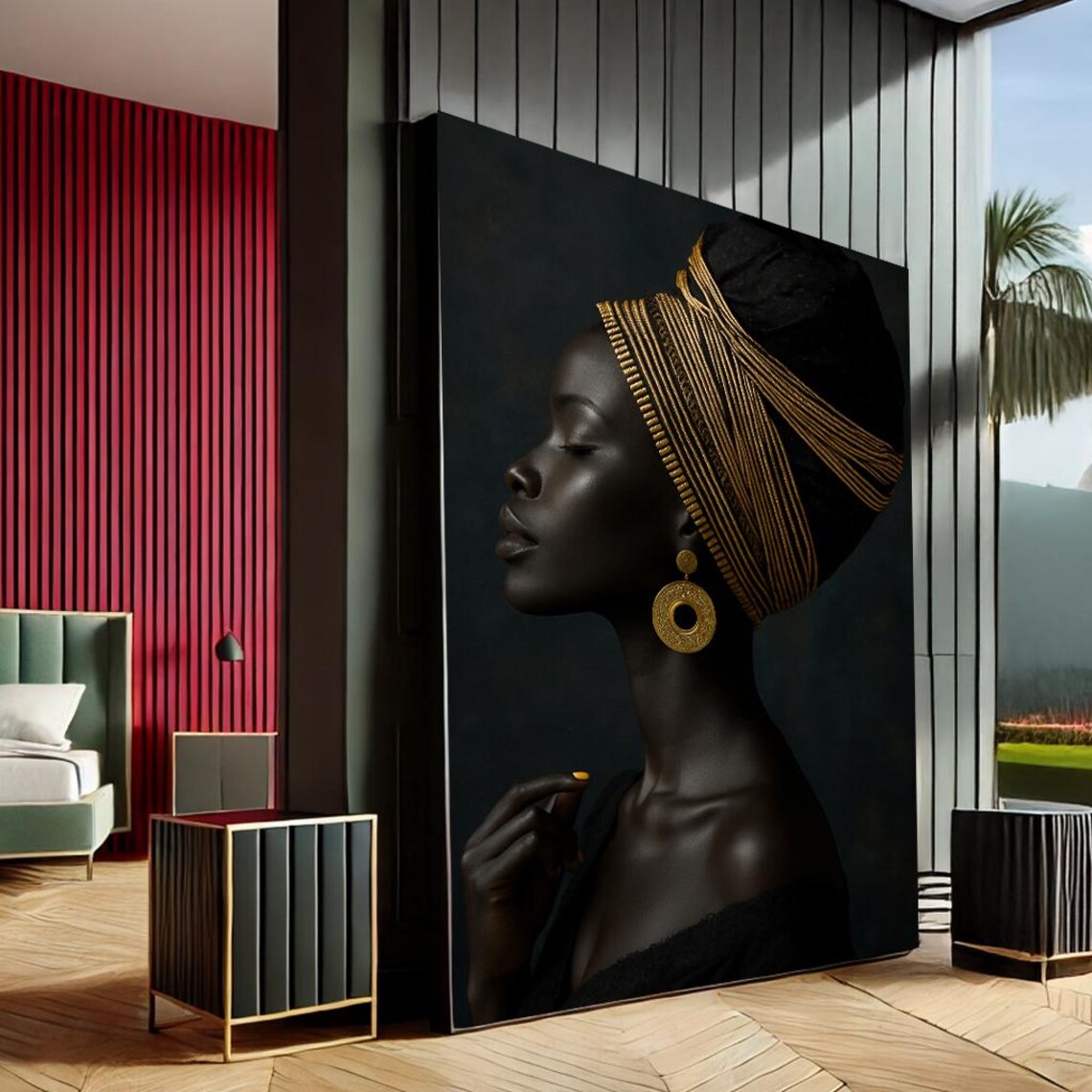 Empowered Woman Black And Gold Portrait Regal Headwrap Statement Wall Art