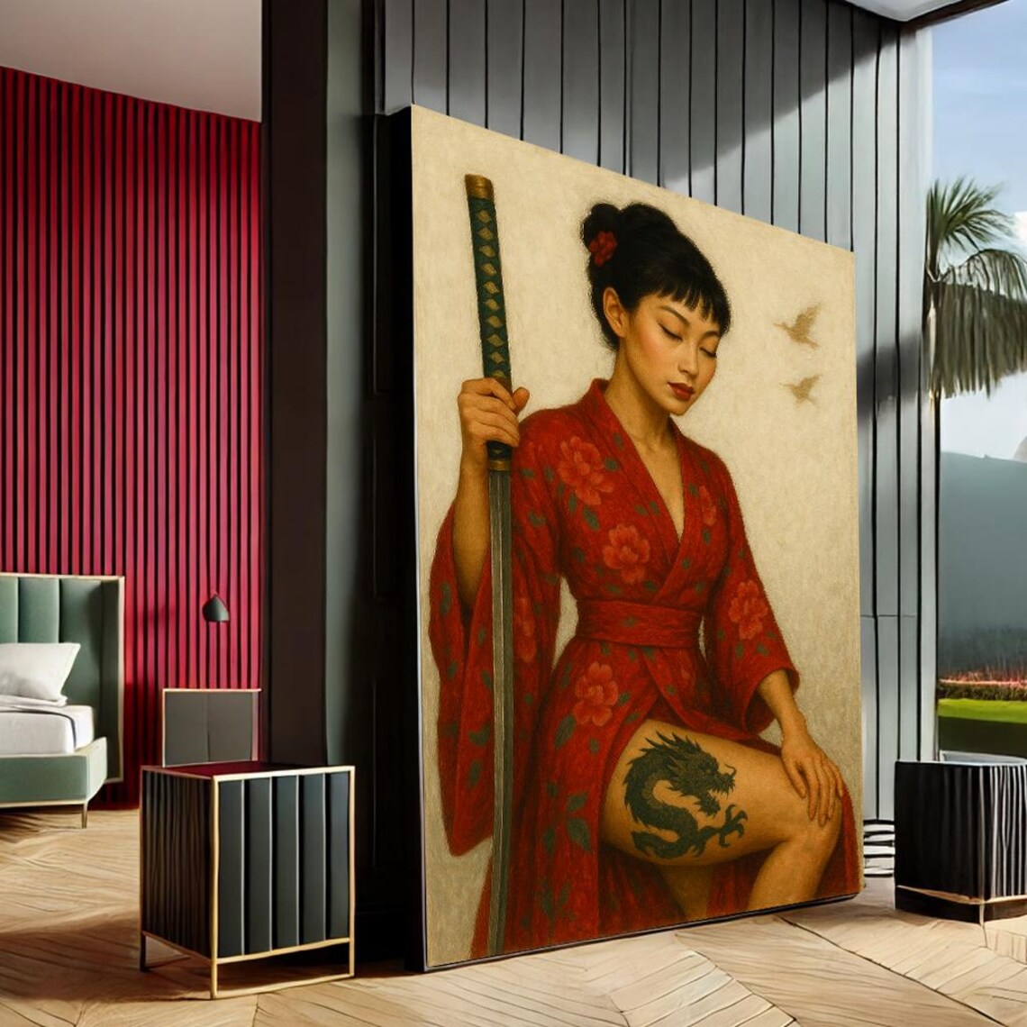 Empowering Geisha Red Kimono Sword Warrior Portrait Canvas Wall Art