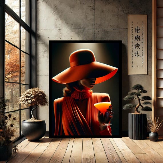 Beatiful Woman In Red Hat Makeup Canvas Wall Art Modern Abstract Home Decor Print