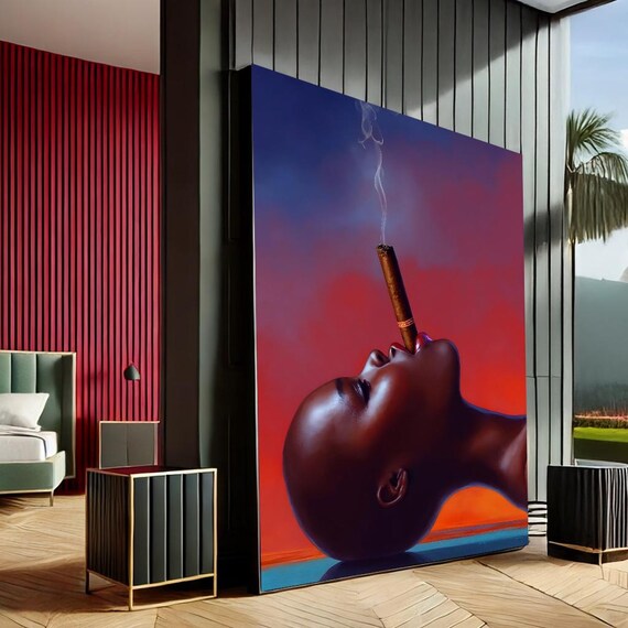 Bold Woman Smoking Cigar Red Sunset Sky Modern Canvas Art Poster