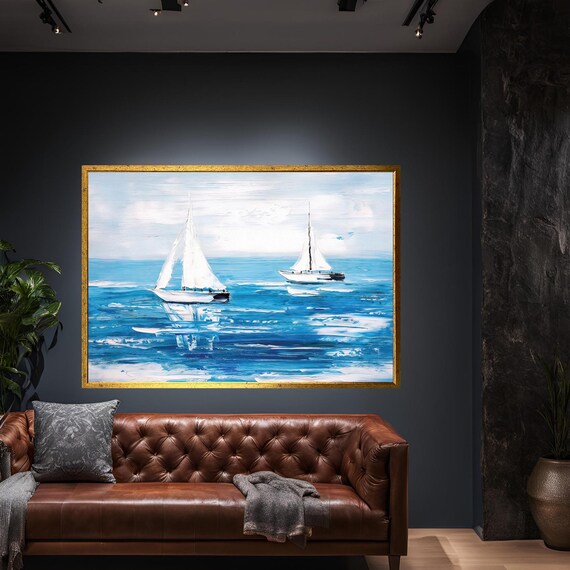 Sailboats On Bright Blue Sea Ocean Oil Painting Nautical Poster