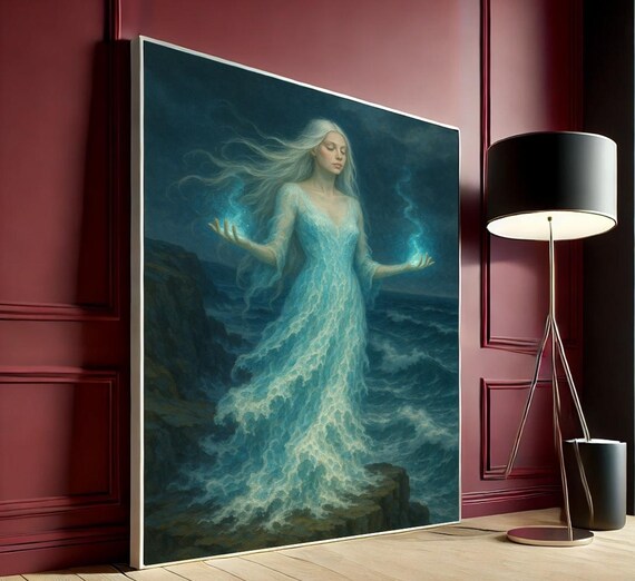 Ocean Sorceress Canvas Art Fantasy Water Goddess Print Mystical Woman Wall Decor Magic Sea Poster Ready To Hang