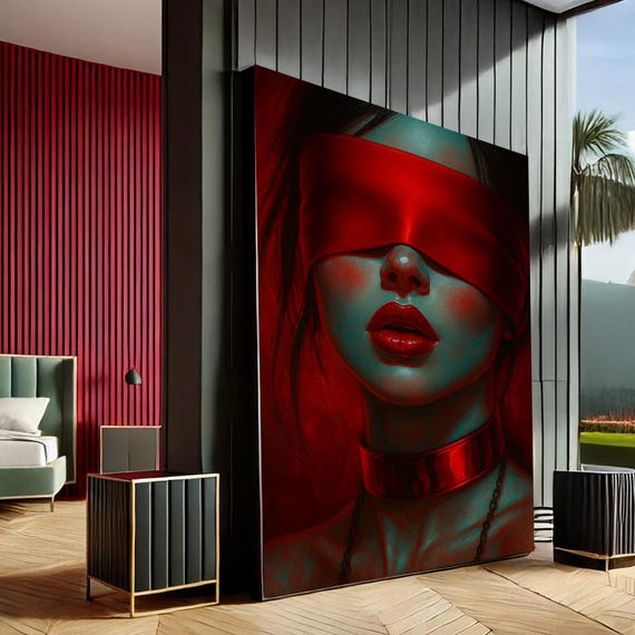 Mystical Blindfolded Woman Modern Canvas Wall Art Print Red Teal Living Room Decor Statement Piece