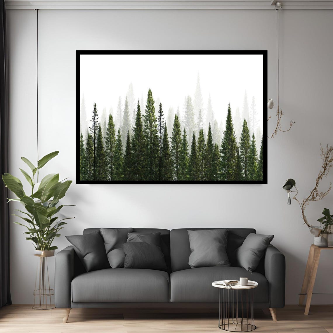 Misty Pine Forest White Background Minimalist Evergreen Wall Art