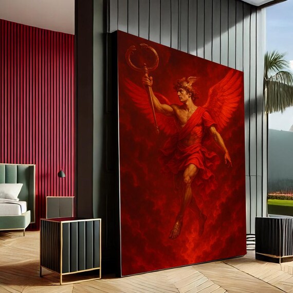 Radiant Red Archangel Angel Wings Dramatic Classical Painting Poster