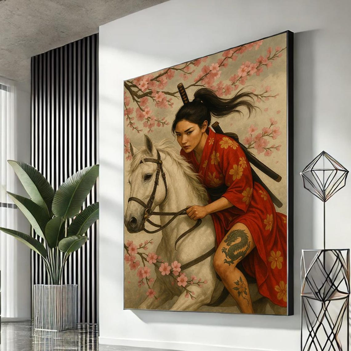 Samurai Woman White Horse Cherry Blossoms Red Kimono Canvas Wall Art