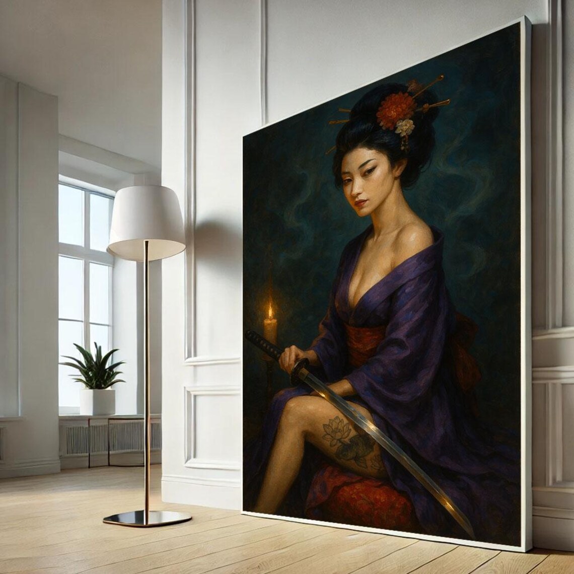 Elegant Geisha with Katana Dark Japanese Oil Painting Portrait Wall Art