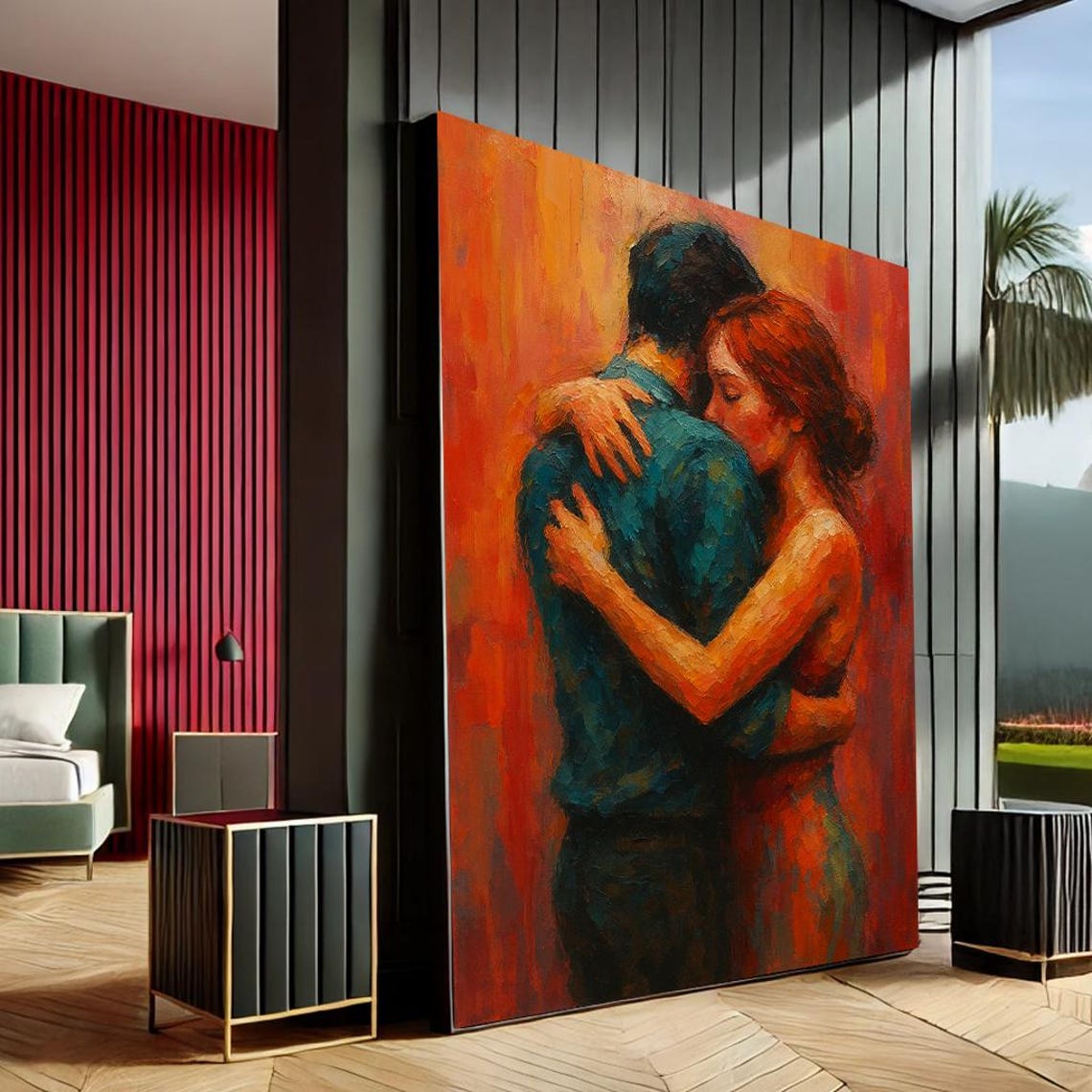 Passionate Couple Embrace Expressionist Wall Art Red Blue Oil Painting