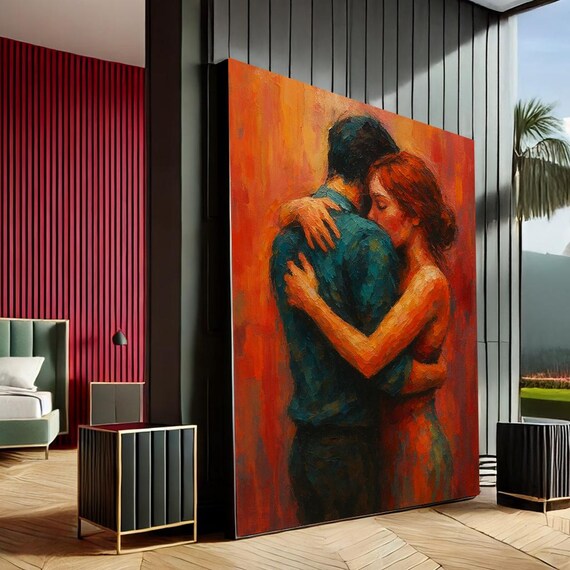 Passionate Couple Embrace Expressionist Wall Art Red Blue Oil Painting