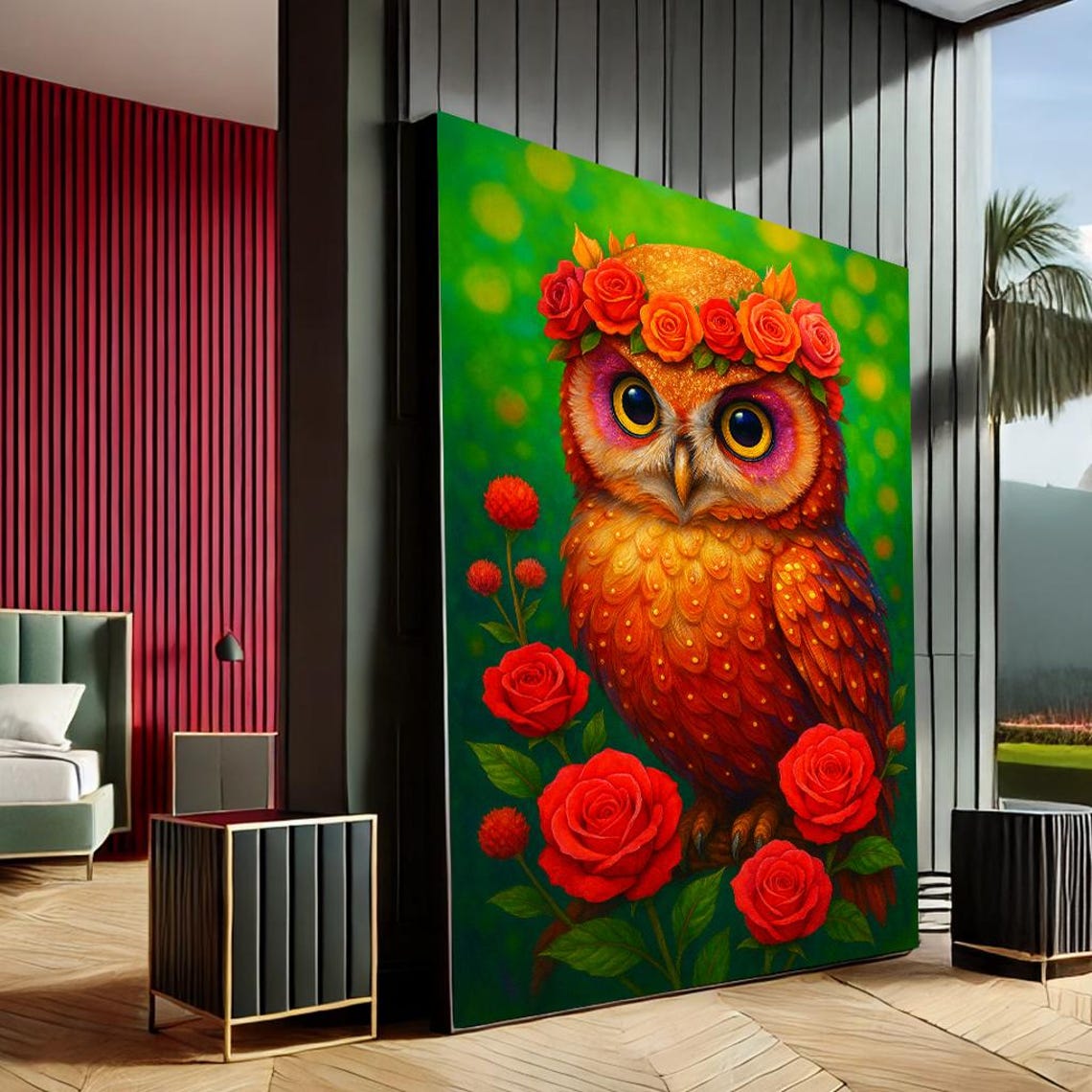 Vibrant Orange Owl With Red Roses Boho Floral Canvas Art Poster
