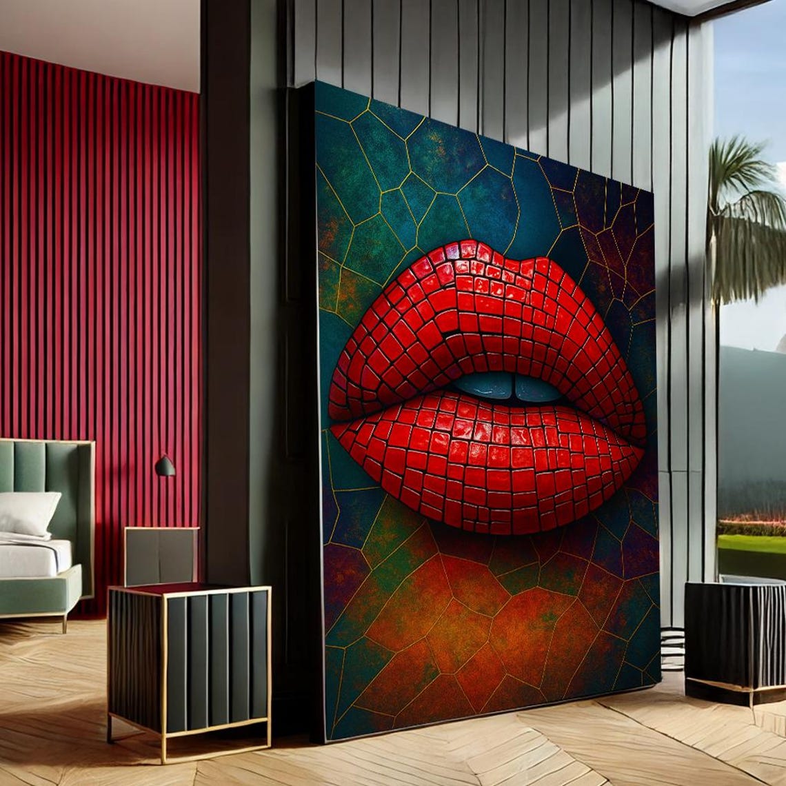 Bold Red Mosaic Lips Statement Canvas Art Print Modern Decor