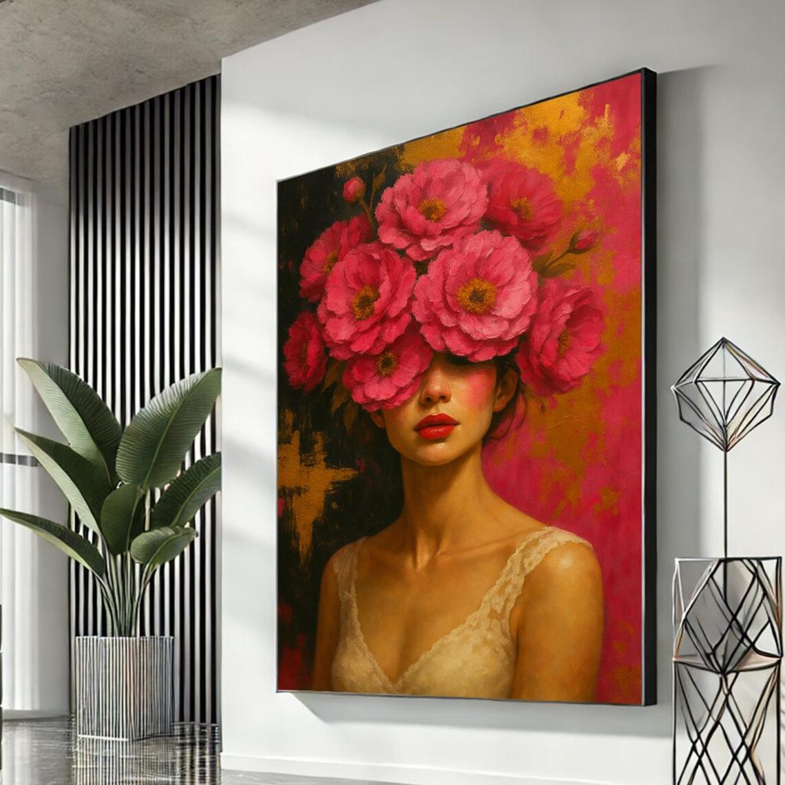 Woman With Giant Pink Peonies Bloom Covering Eyes Floral Art Print