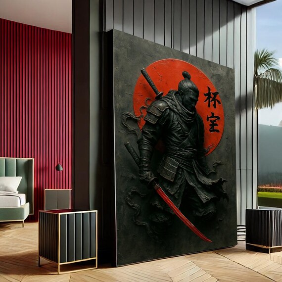 Mystical Samurai Warrior Red Moon 3D Effect Dramatic Canvas Poster
