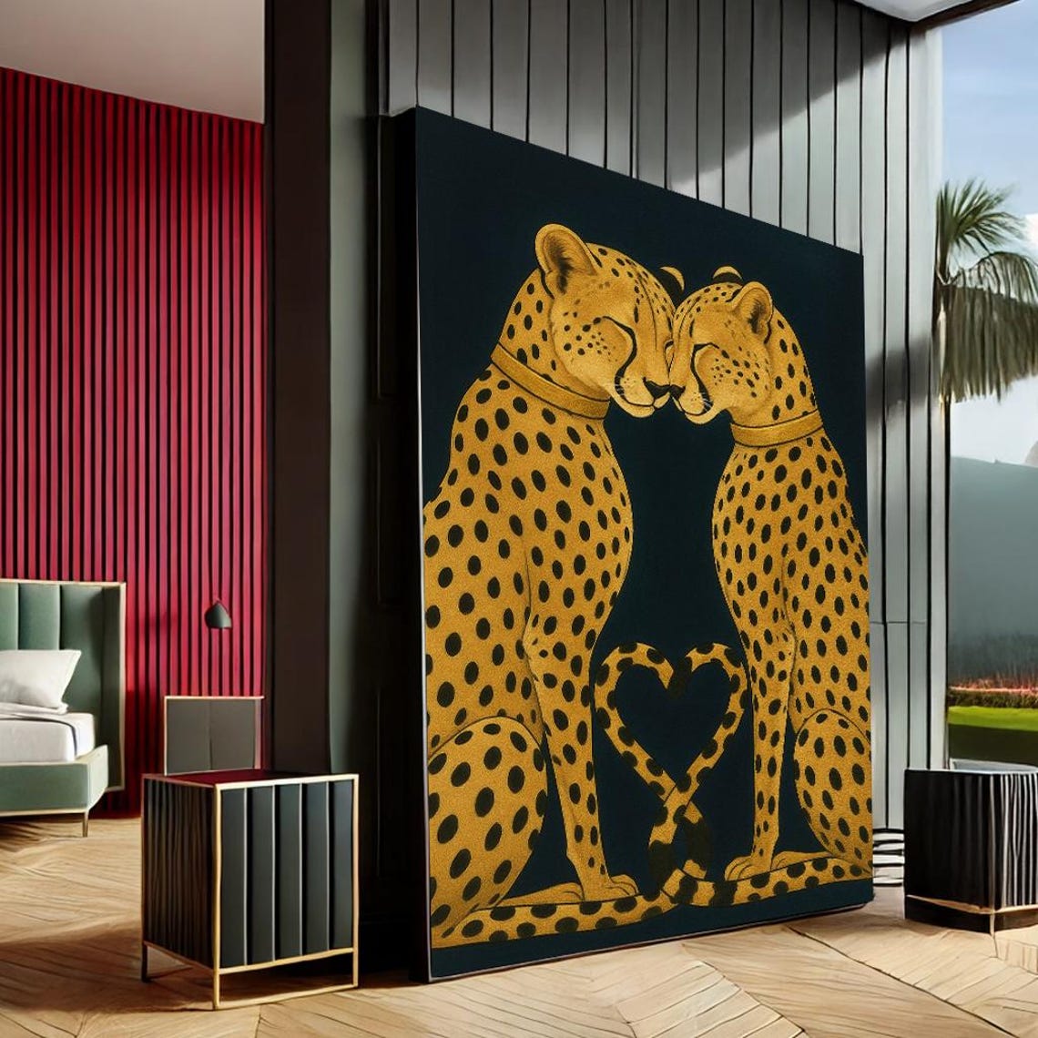 Golden Cheetah Pair Heart Tails Black Canvas Elegant Animal Poster