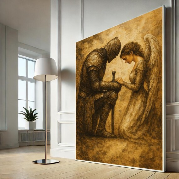 Medieval Knight and Angel Gold Sepia Spiritual Fantasy Wall Art