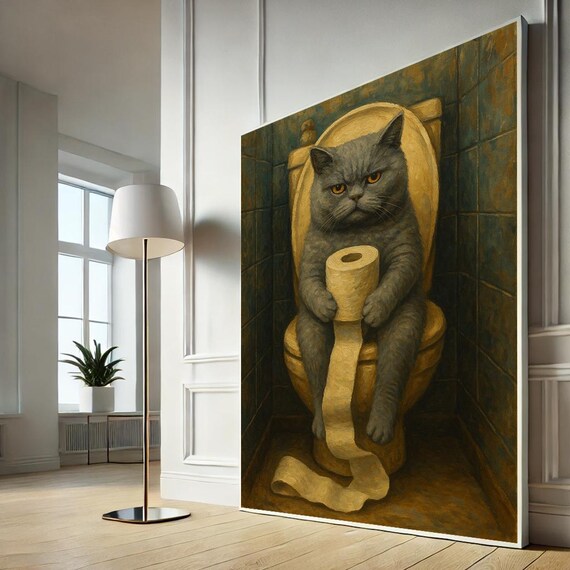 Funny Gray Cat Sitting On Toilet Holding Paper Quirky Bathroom Poster
