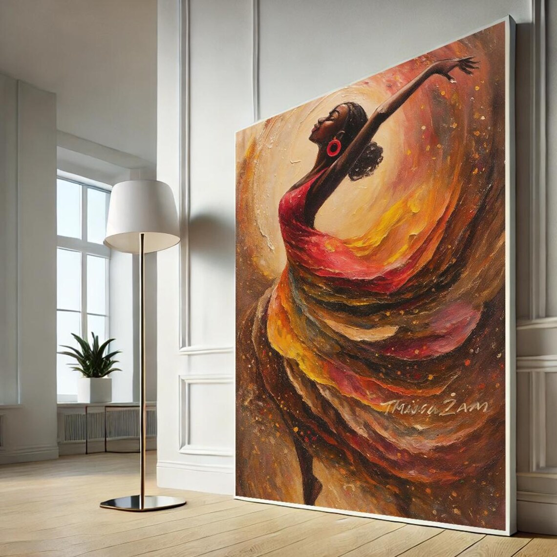 African Woman Dancing Red Dress Swirling Joy Oil Painting Canvas Wall Art
