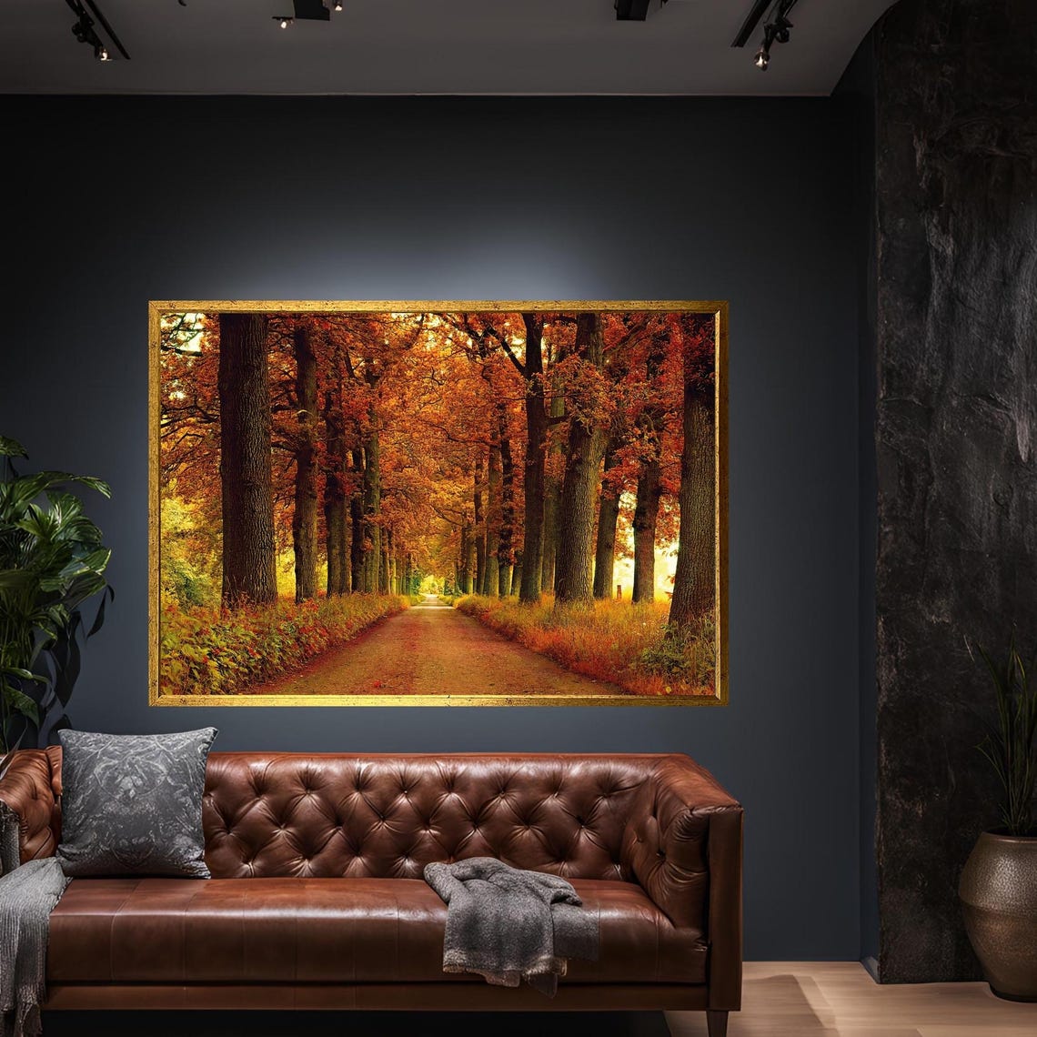Autumn Tree Lined Road Fall Foliage Golden Scenic Photo Poster
