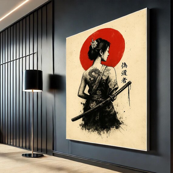 Japanese Samurai Woman Canvas Art Bold Red Sun And Black Ink Style Zen Wall Decor For Living Room Or Office Inspiration
