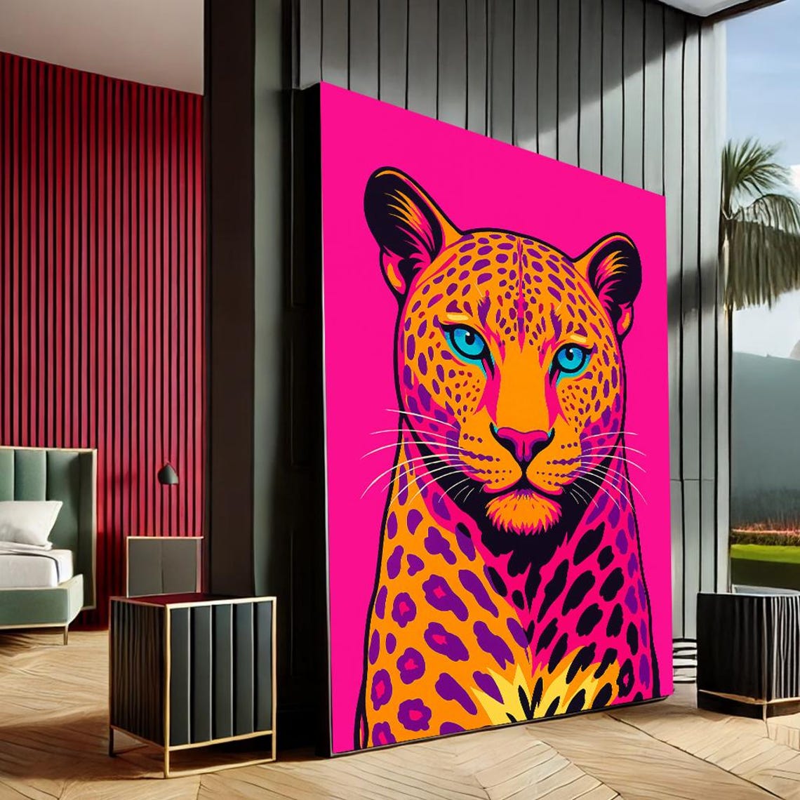 Vibrant Leopard Pop Art Canvas Wall Print Pink Orange Living Room Decor Statement Piece