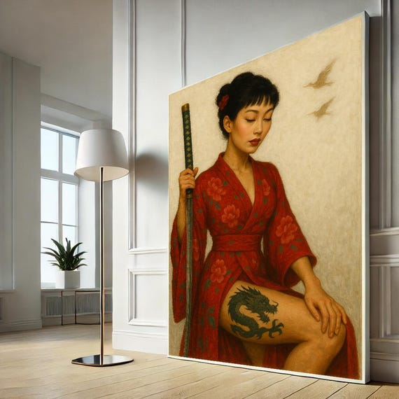 Samurai Woman Canvas Wall Art Print Japanese Warrior Girl Tattoo Dragon Kimono Home Decor