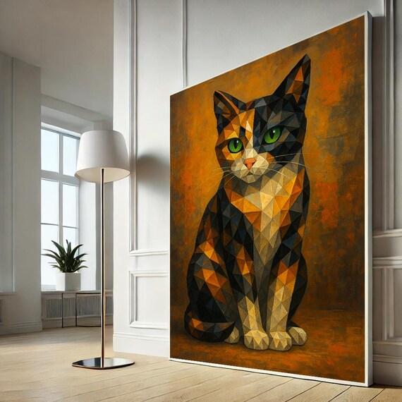 Bold Geometric Calico Cat Green Eyes Modern Polygonal Art Poster