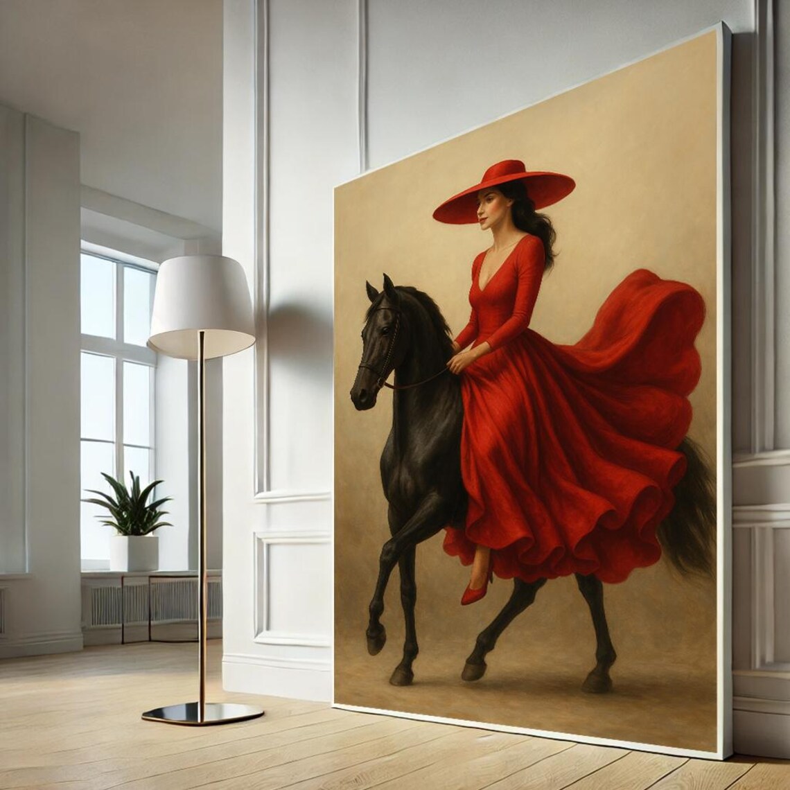 Elegant Woman Red Dress Riding Black Horse Equestrian Art Poster