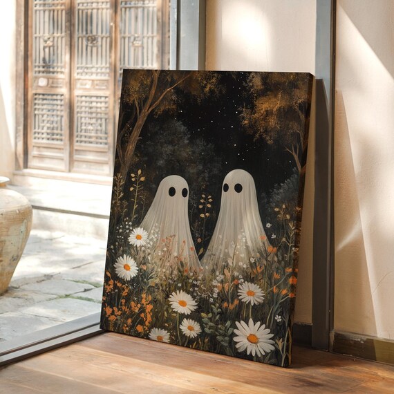 Two Cute Ghosts In Wildflower Night Meadow Under Starry Sky Poster