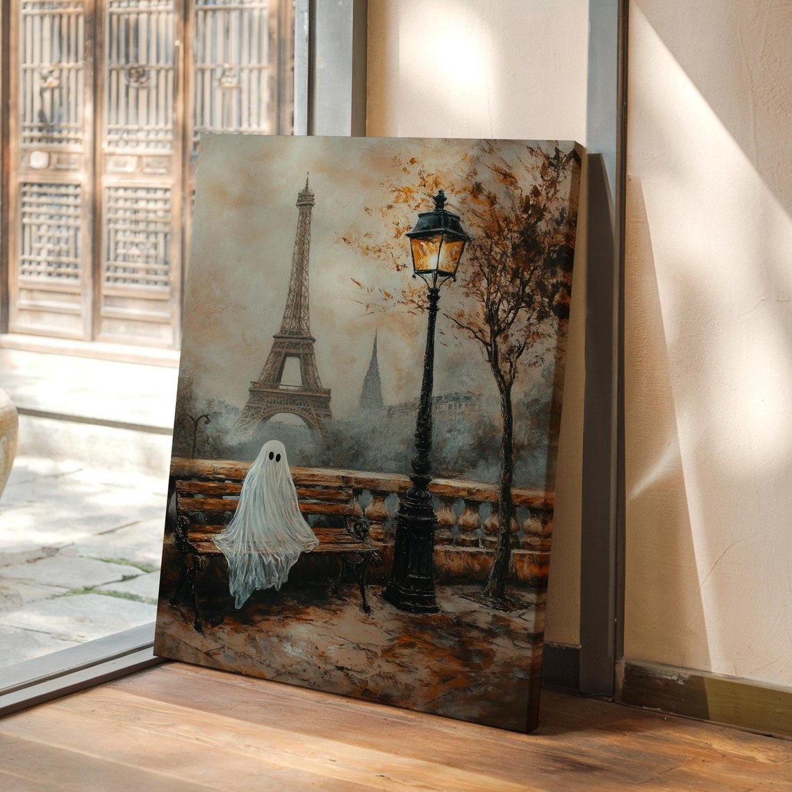 Paris Eiffel Tower Ghostly Autumn Bench Scene Vintage Halloween Poster