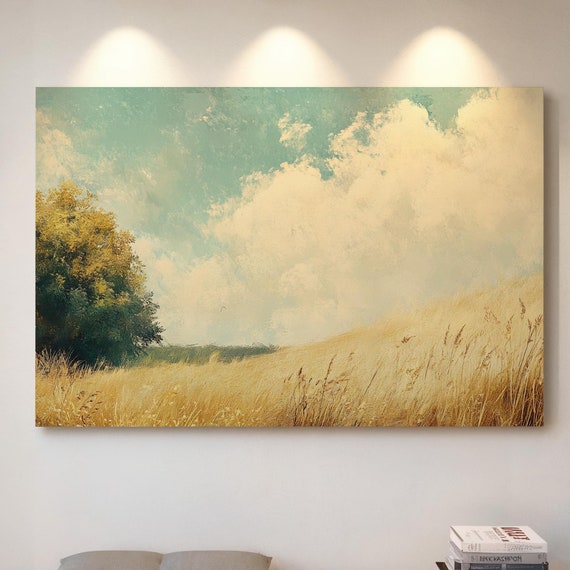 Serene Countryside Landscape Wall Art In Soft Blue And Golden Tones For Rustic Or Farmhouse Home Decor