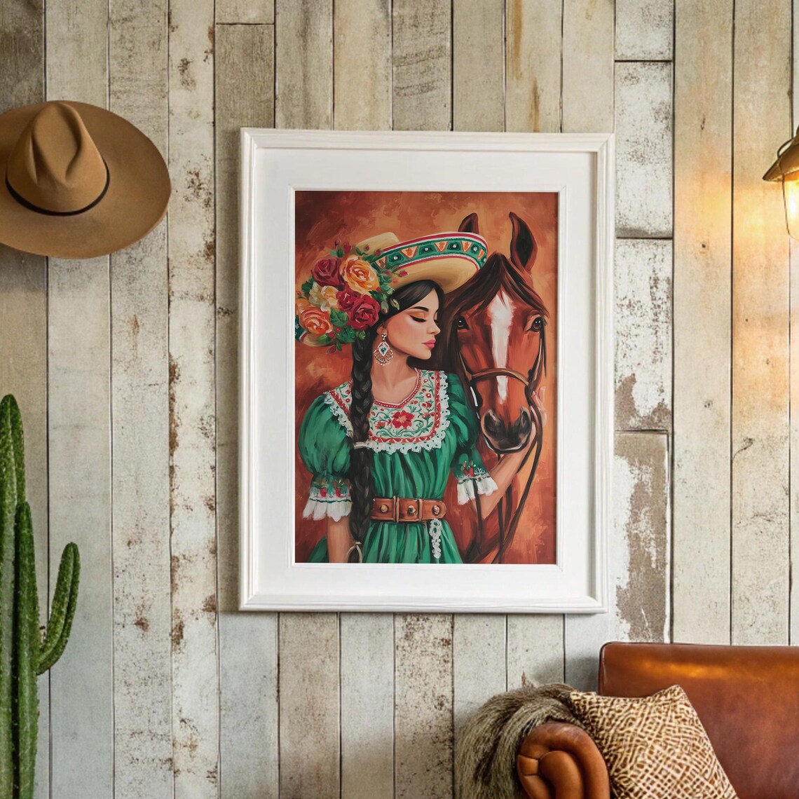 Mexican Cowgirl with Horse Poster Green Dress Sombrero Roses Art