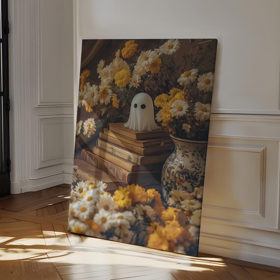 Cute Ghost On Stack Of Vintage Books With Daisies Fall Decor Poster