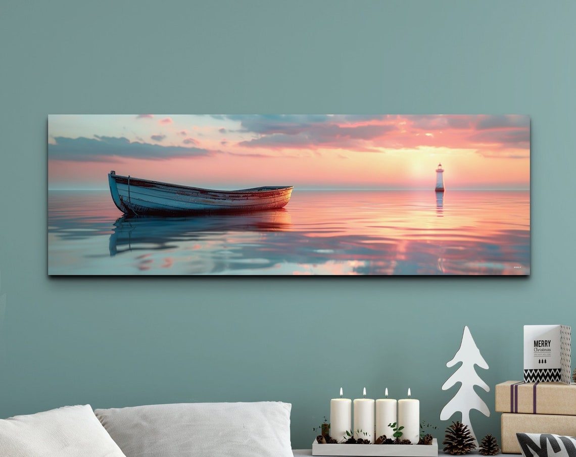 Rowboat Floating on Mirror Calm Sea at Pink Sunset Panoramic Poster