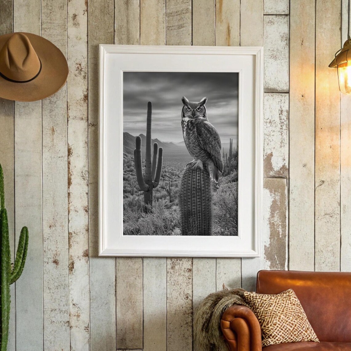 Great Horned Owl Perched On Saguaro Cactus Black And White Wildlife Print