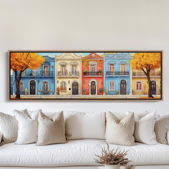 Colorful Row Houses Autumn Street Scene Charming Town Decor Poster