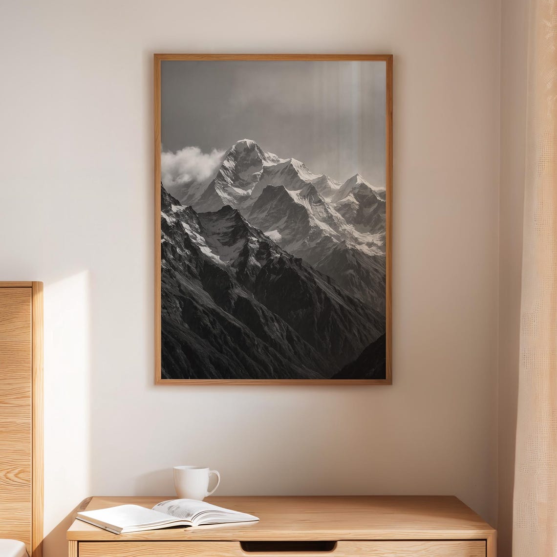 Monochrome Mountain Range Wall Art Majestic Snowy Peaks Landscape Canvas For Rustic Or Minimalist Decor