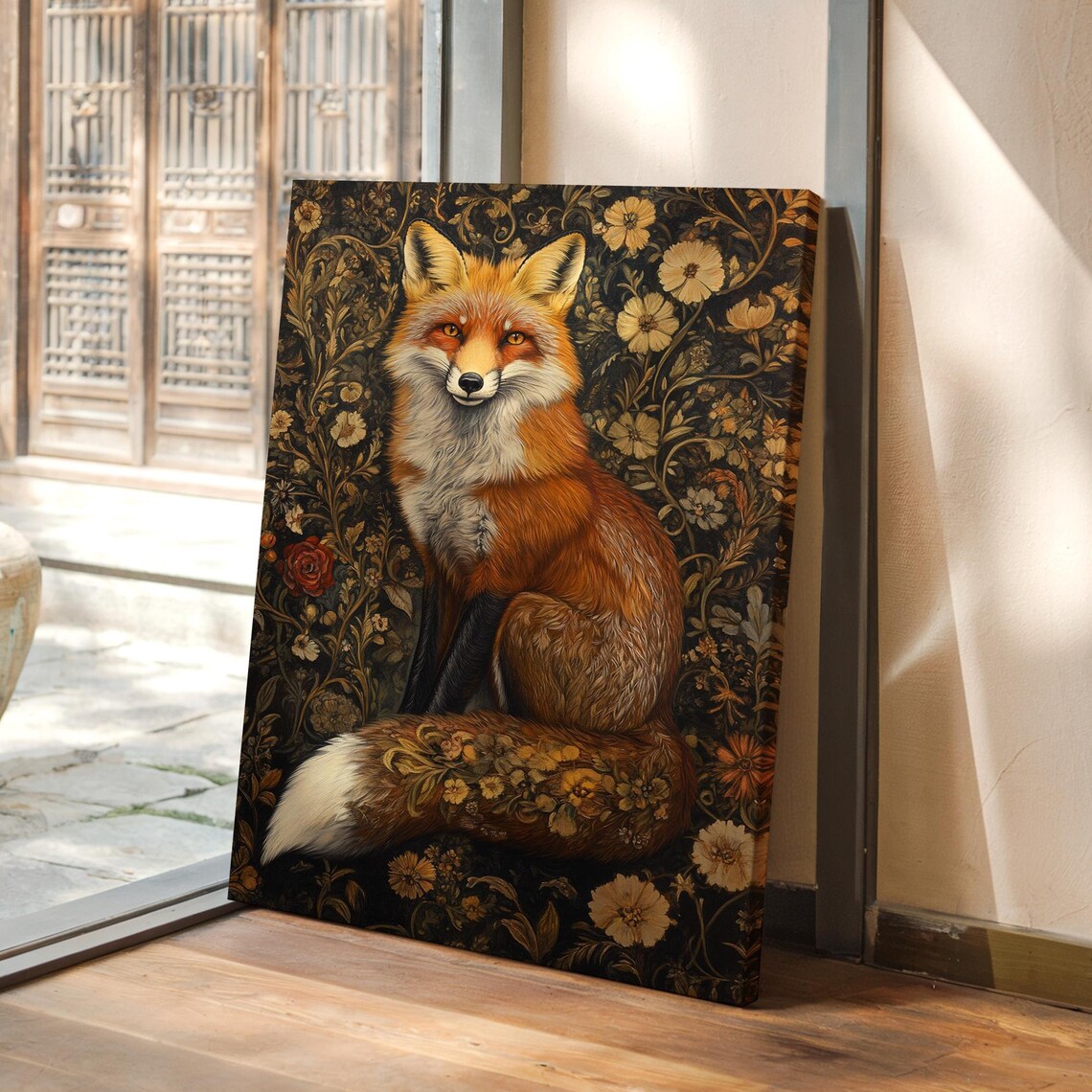 Red Fox Portrait Among Vintage Floral Vines Dark Wildlife Poster