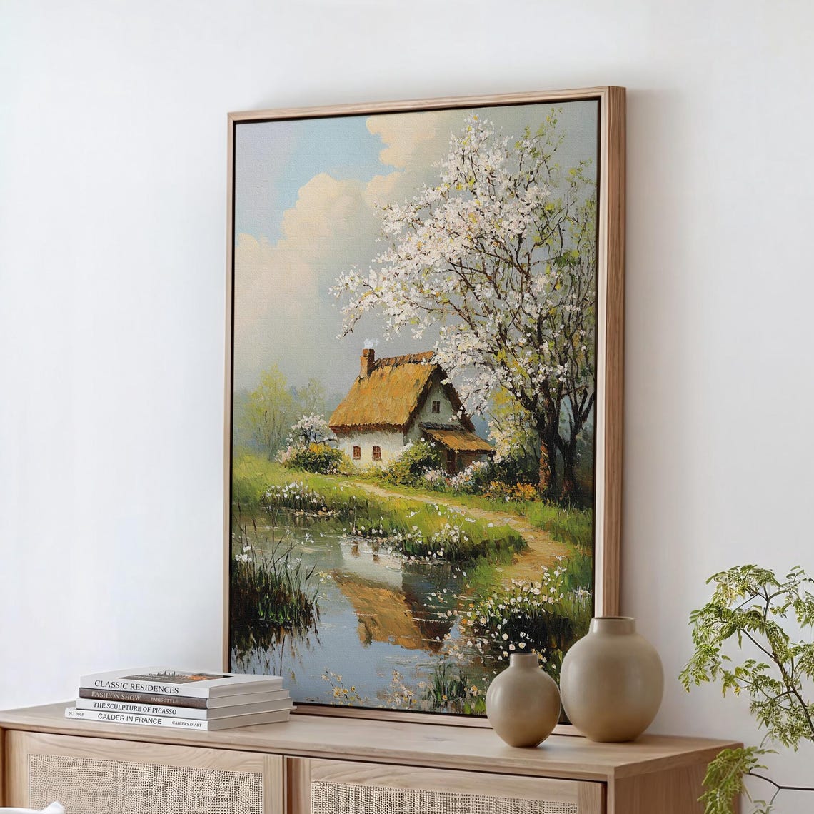 Spring Cottage Rustic Country Landscape Art Blooming Tree Painting Vintage Farmhouse Wall Decor Idyllic Nature Scene Print