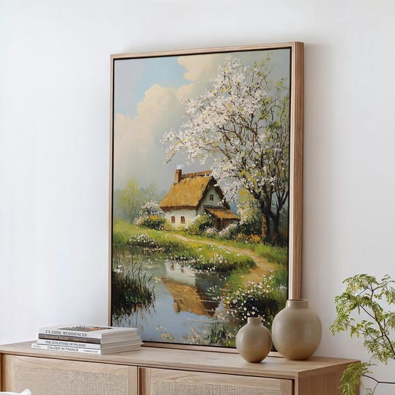 Spring Cottage Rustic Country Landscape Art Blooming Tree Painting Vintage Farmhouse Wall Decor Idyllic Nature Scene Print
