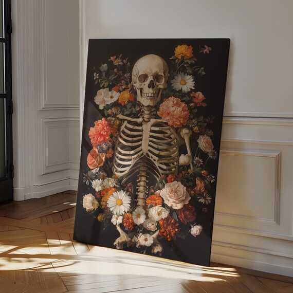 Skeleton With Vibrant Floral Bouquet Gothic Dark Botanical Wall Art
