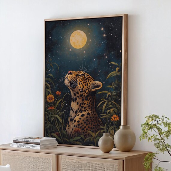 Leopard Under Full Moon, Mystical Wildlife Scene