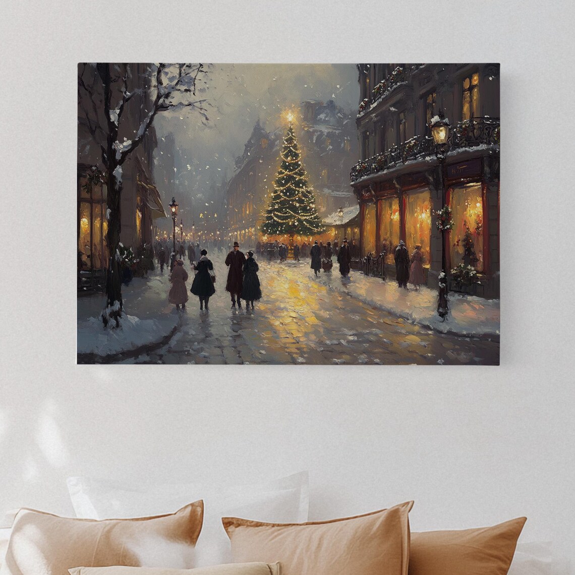 A Victorian Christmas Street With A Glowing Tree At Dusk Poster