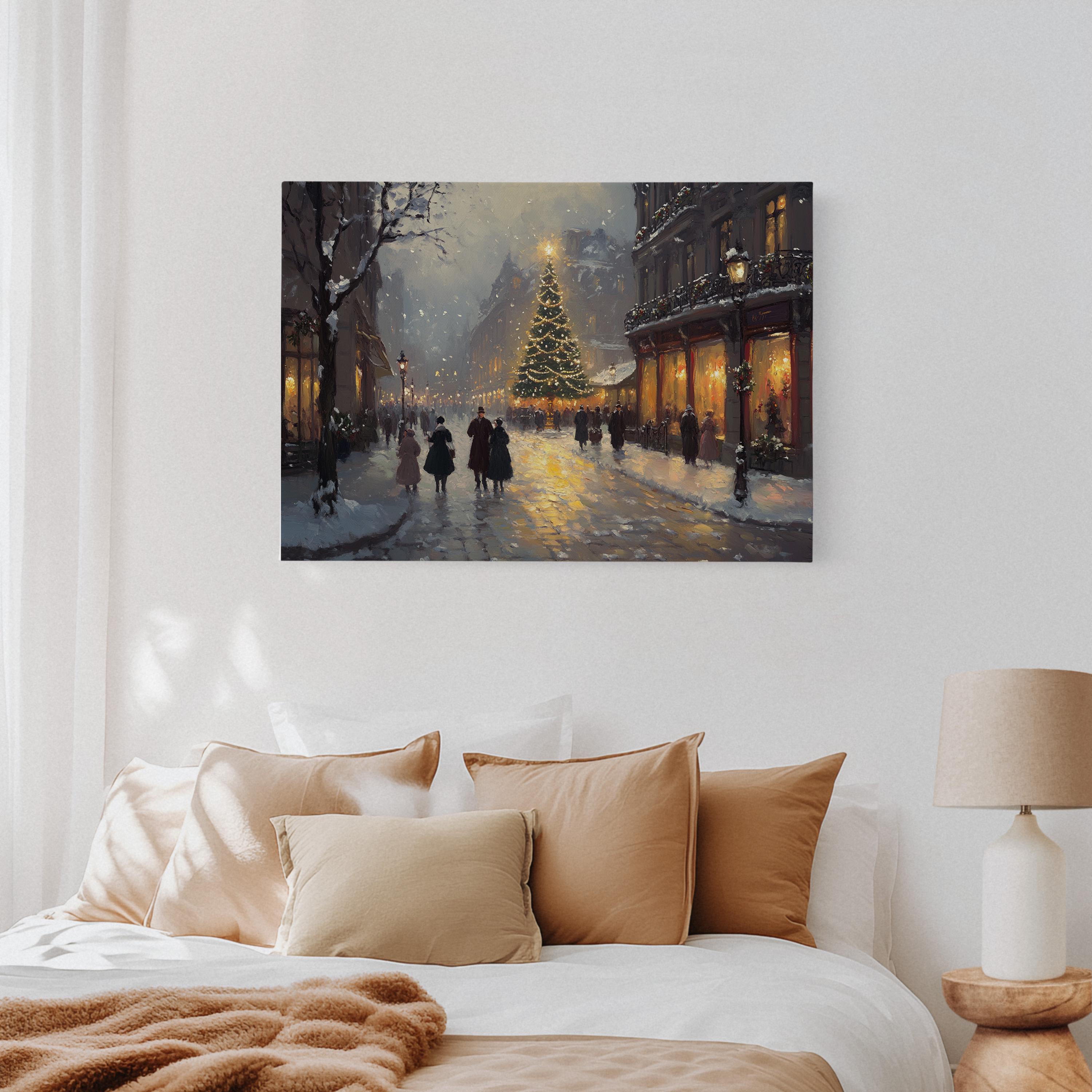 A Victorian Christmas Street With A Glowing Tree At Dusk Poster