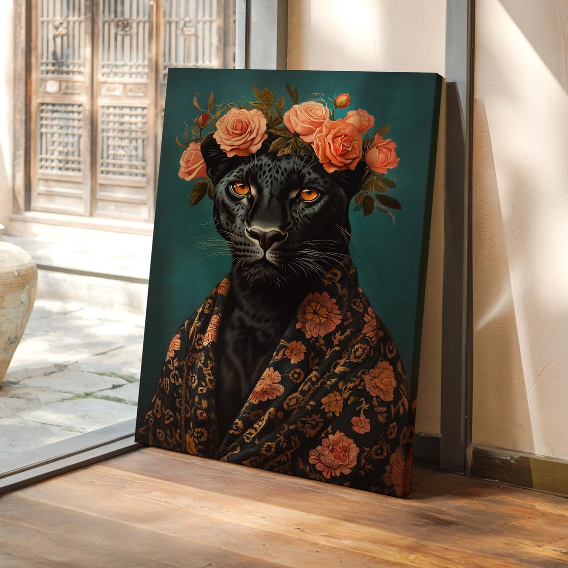Black Panther With Rose Crown Regal Portrait Teal Luxury Art Poster - Image 7