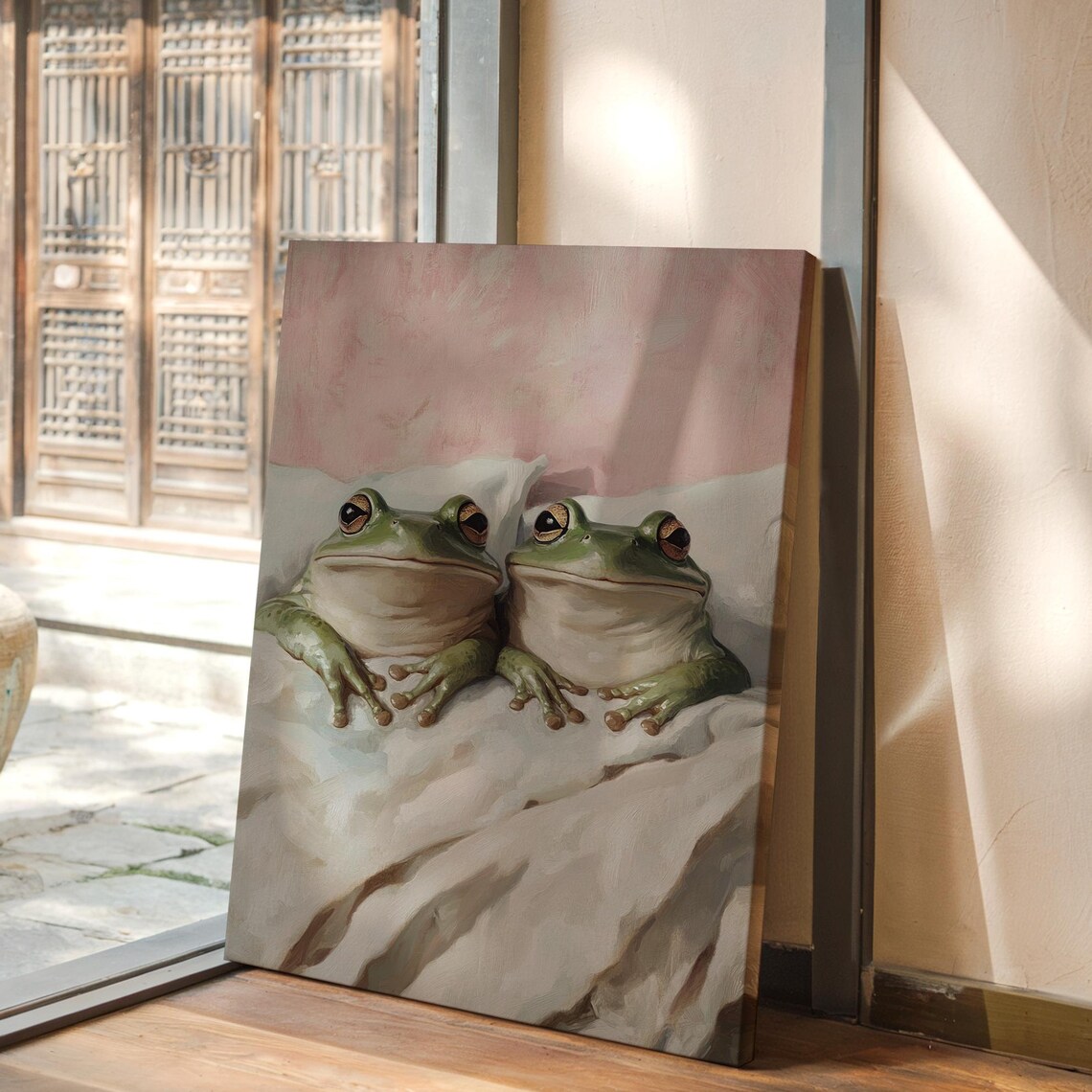 Funny Frog Couple Tucked In Bed Whimsical Cute Amphibian Poster