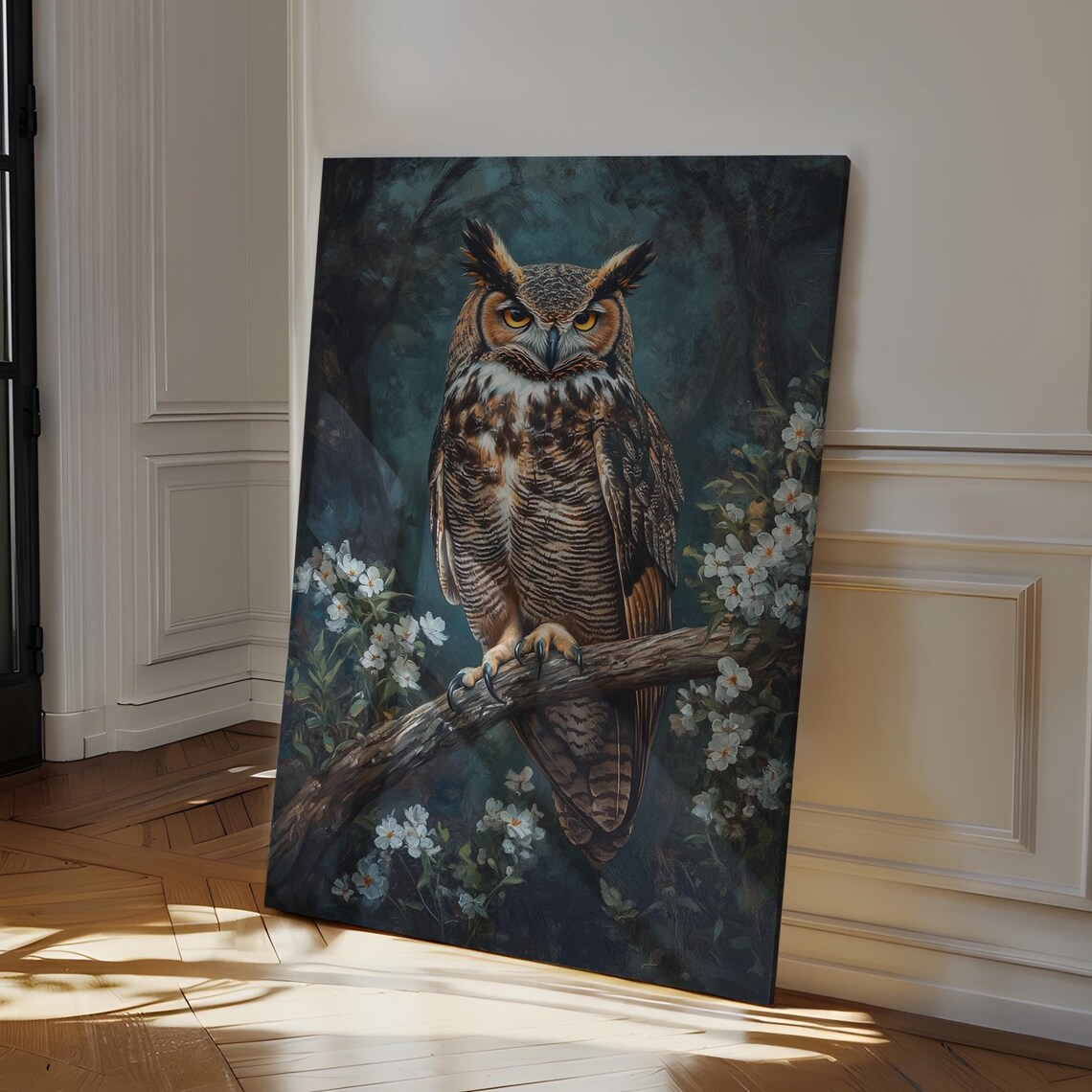 Great Horned Owl With White Flowers Wildlife Nocturnal Painting Poster
